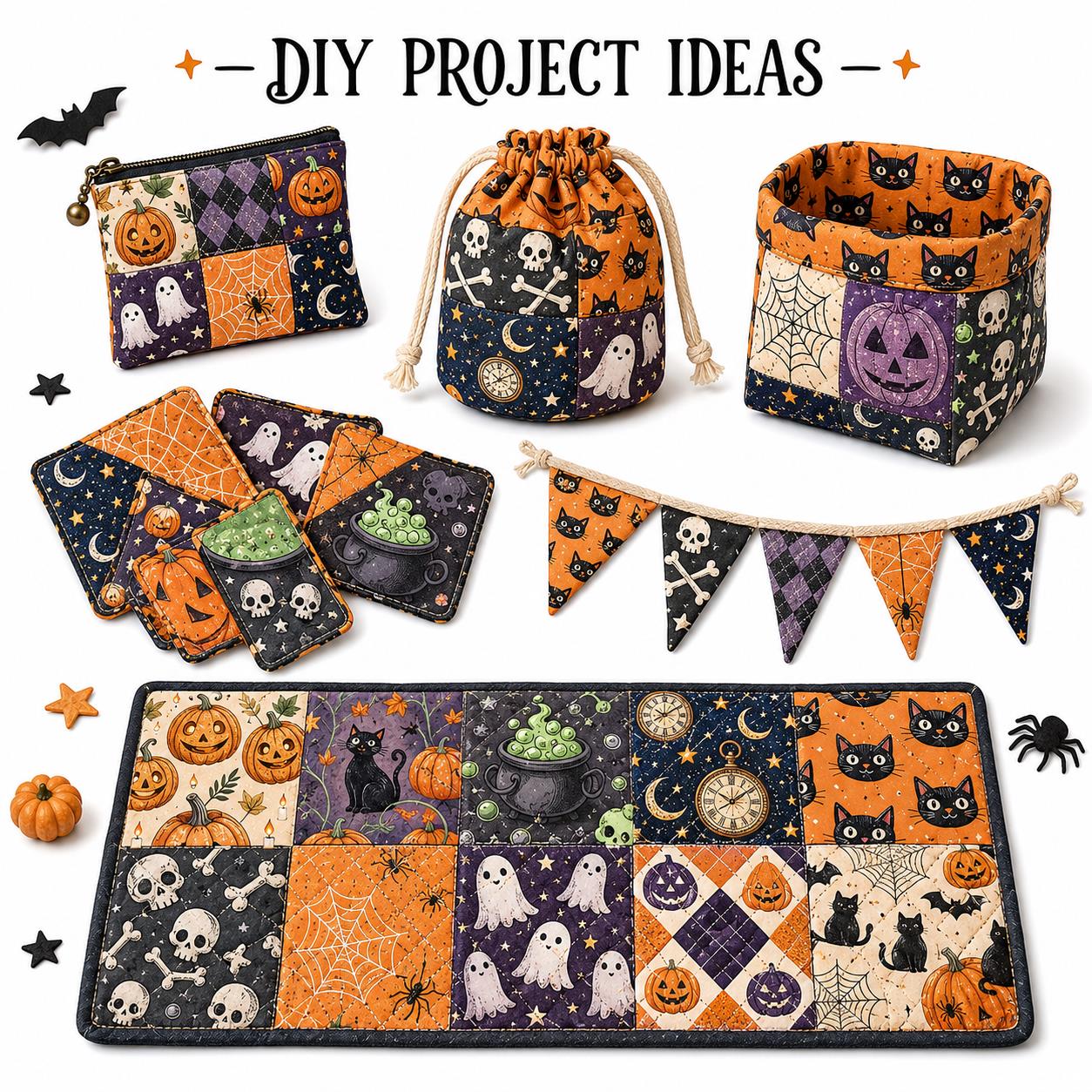 10pcs Charm Pack Set Bat Pumpkin Skull Cat Halloween Vintage Style Pattern Handmade DIY with Rich Color and Texture Elements 100% Polyester Patchwork in 10 Design Styles Suitable for Patchwork DIY Craft Projects DIY Wallet Making Gift Giving Bag Making