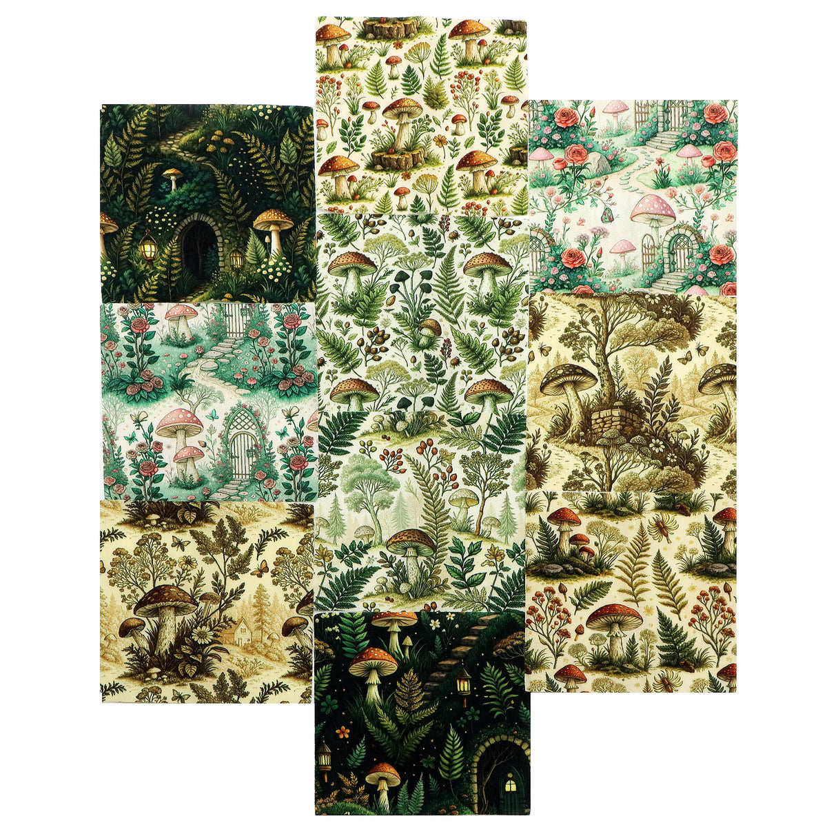 10pcs Charm Pack Set Mushroom Pattern 100% Polyester Patchwork in 10 Design Styles, Ready-to-Sew Without Cutting, Suitable For Patchwork Wallet Making Gift Giving Tote Bags Coasters DIY Craft Projects
