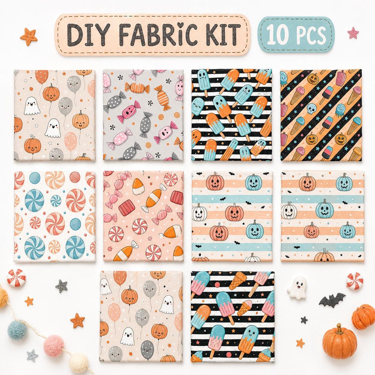 10pcs Charm Pack Set Pumpkin Ghost Halloween Vintage Style Pattern Handmade DIY with Rich Color and Texture Elements 100% Polyester Patchwork in 10 Design Styles Suitable for Patchwork DIY Craft Projects DIY Wallet Making Gift Giving Bag Making Mother's D