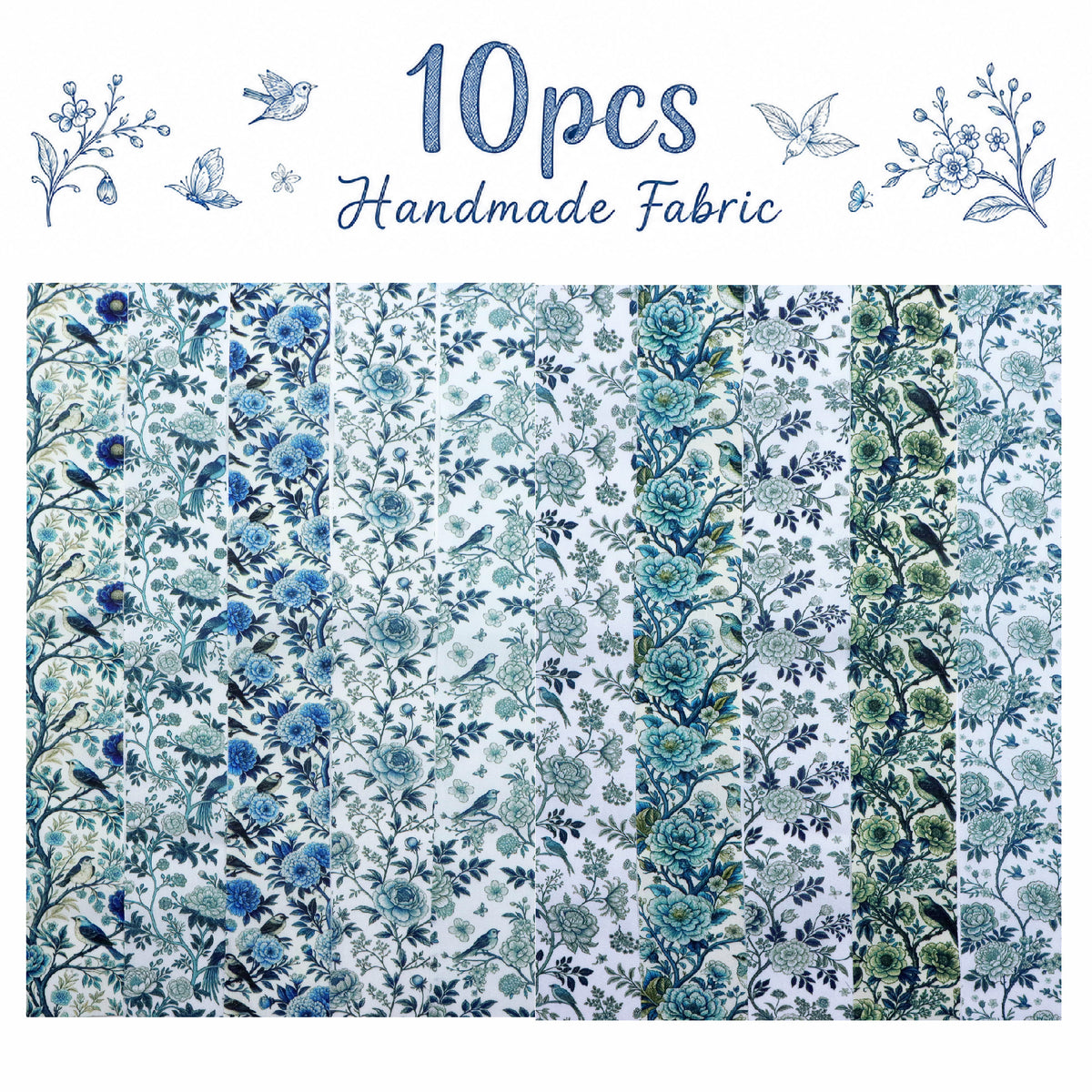 10pcs Vintage Blue Floral Pattern Jelly Roll Fabric Strips 2.5X19.7inch Pre-Cut 100% Polyester For Patchwork Quilts, Table Runners, Placemats, Tote Bags, Storage Pouches, Makeup Bags, Coasters, Quilt Blocks & Binding