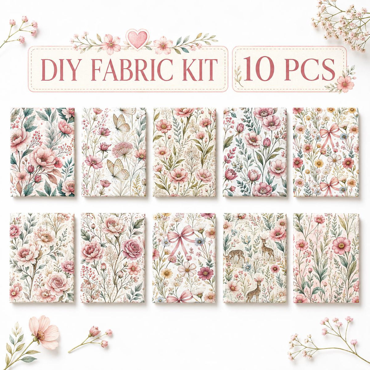 10Pc/Set Flower Series Butterfly Bowknot Fat Quarter Fabric, Pre-Cut Square Fabric Assort, Fabric Set, Craft Fabric, Handmade DIY Patchwork Fabric,Home Quilting Sewing Fabric, Packaging Fabric, Scrapbooking Craft Hobbyist