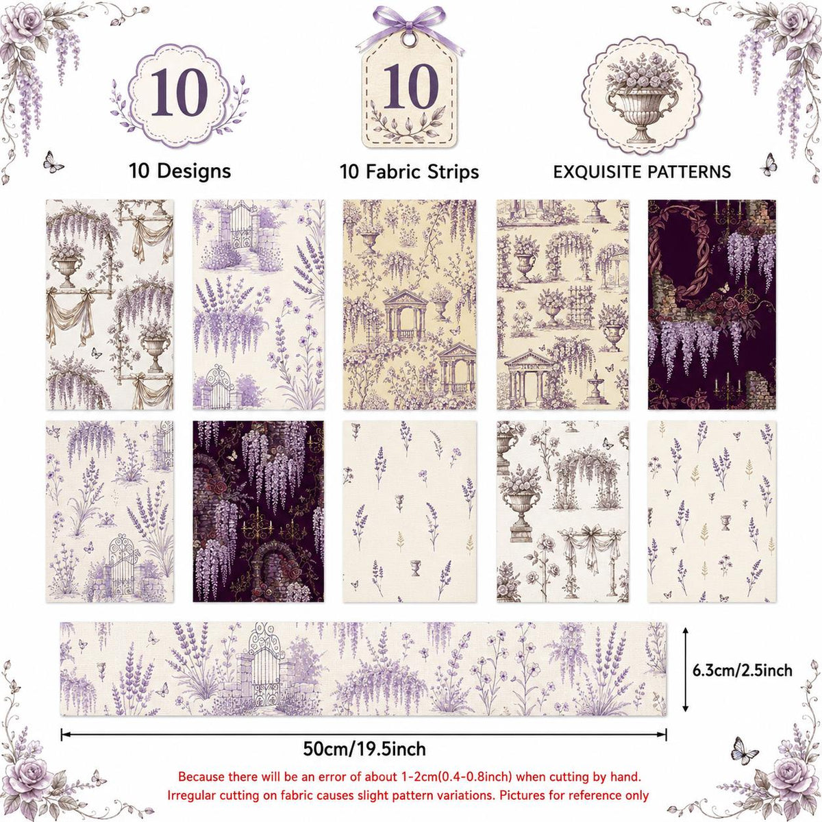 10pcs Vintage Lavender Floral Pattern Jelly Roll Fabric Strips 2.5X19.7inch Pre-Cut 100% Polyester For Patchwork Quilts, Table Runners, Placemats, Tote Bags, Storage Pouches, Makeup Bags, Coasters, Quilt Blocks & Binding
