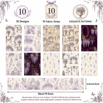 10pcs Vintage Lavender Floral Pattern Jelly Roll Fabric Strips 2.5X19.7inch Pre-Cut 100% Polyester For Patchwork Quilts, Table Runners, Placemats, Tote Bags, Storage Pouches, Makeup Bags, Coasters, Quilt Blocks & Binding