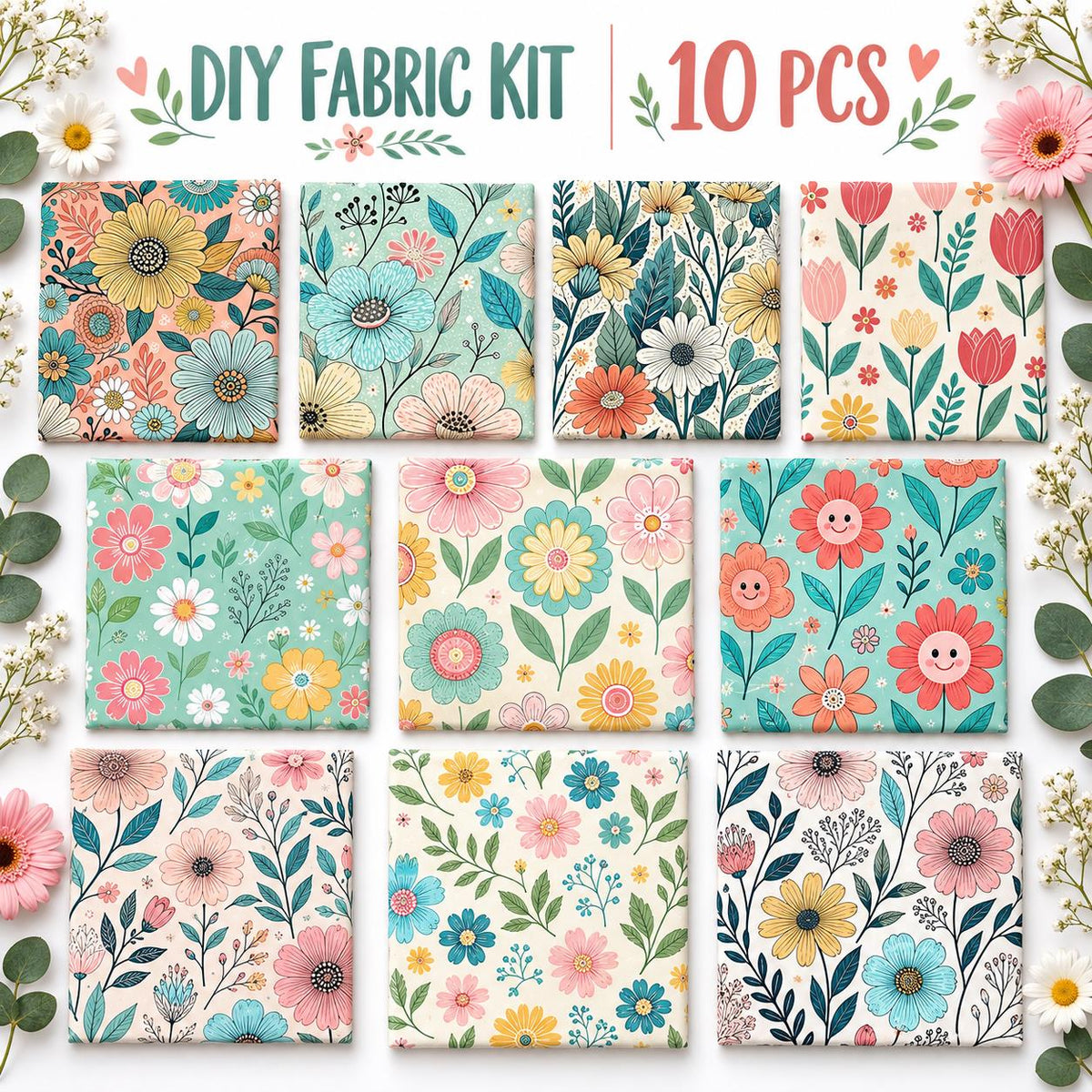 10Pc/Set Flower Series Fat Quarter Fabric, Pre-Cut Square Fabric Assort, Fabric Set, Craft Fabric, Handmade DIY Patchwork Fabric,Home Quilting Sewing Fabric, Packaging Fabric, Scrapbooking Craft Hobbyist
