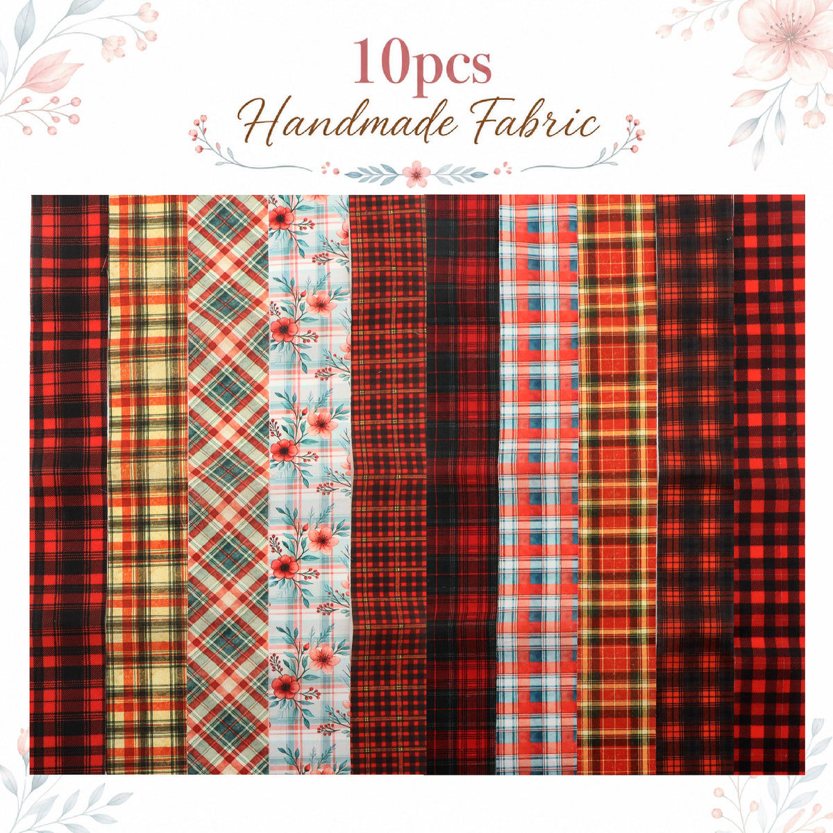 10pcs Vintage Plaid Red Floral Pattern Jelly Roll Fabric Strips 2.5X19.7inch Pre-Cut 100% Polyester For Patchwork Quilts, Table Runners, Placemats, Tote Bags, Storage Pouches, Makeup Bags, Coasters, Quilt Blocks & Binding