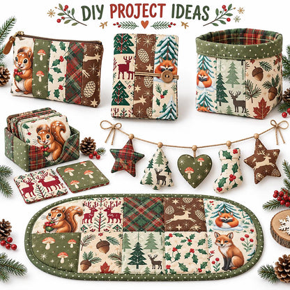 10Pc/Set Christmas Series Star Deer Fox Squirrel Holly Pinecones Fat Quarter Fabric, Pre-Cut Square Fabric Assort, Fabric Set, Craft Fabric, Handmade DIY Patchwork Fabric,Home Quilting Sewing Fabric, Packaging Fabric, Scrapbooking Craft Hobbyist