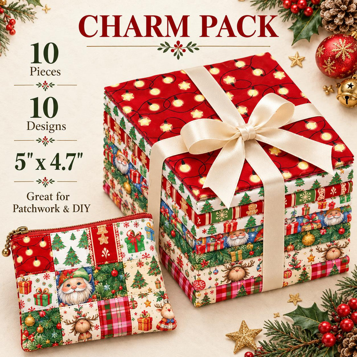 10Pc/Set Christmas Series Star Plaid Deer Santa Claus Crutch Fat Quarter Fabric, Pre-Cut Square Fabric Assort, Fabric Set, Craft Fabric, Handmade DIY Patchwork Fabric,Home Quilting Sewing Fabric, Packaging Fabric, Scrapbooking Craft Hobbyist