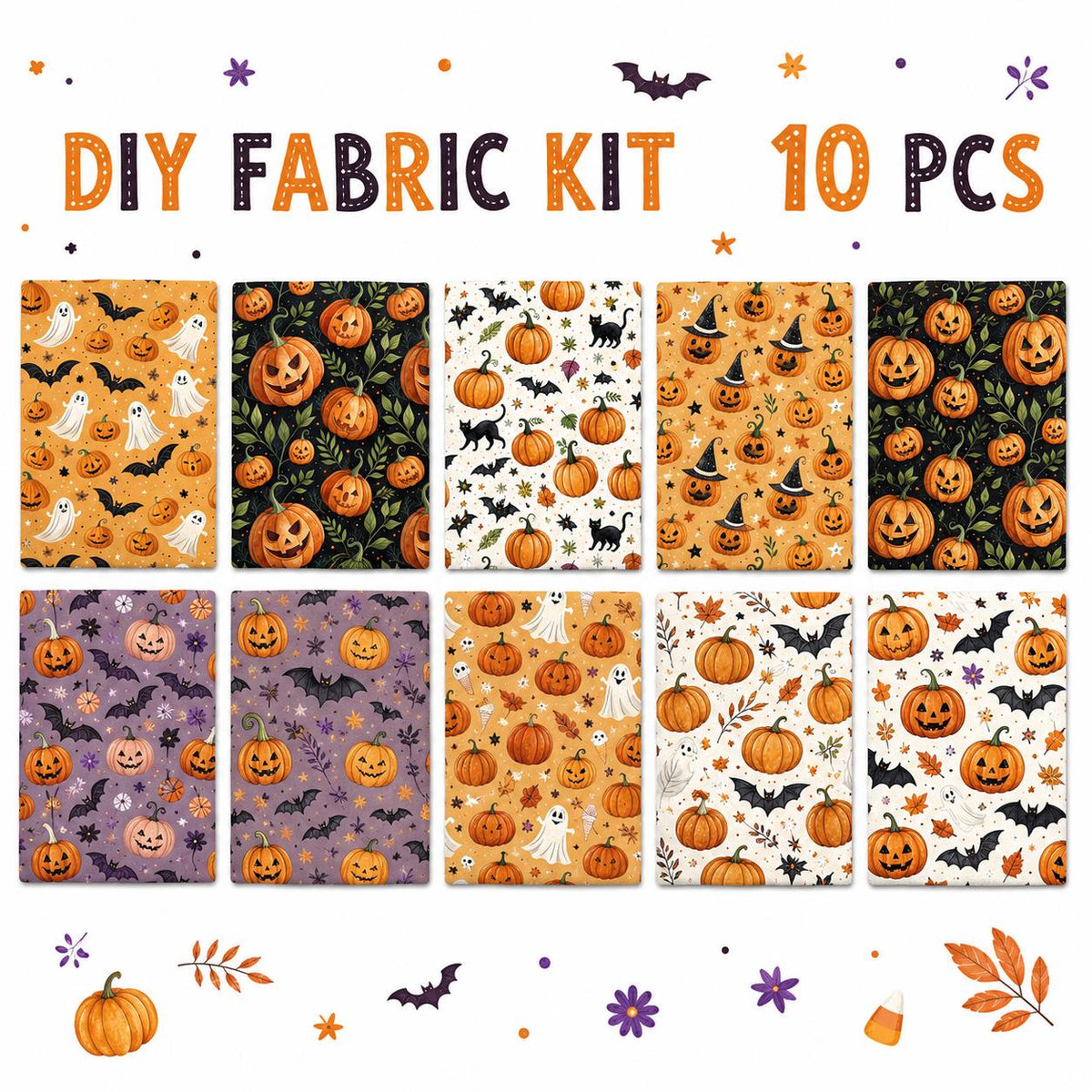 10pcs Charm Pack Set Halloween Pumpkin Ghost Pattern Vintage Style Handmade DIY with Rich Color and Texture Elements 100% Polyester Patchwork in 10 Design Styles Suitable for Patchwork DIY Craft Projects DIY Wallet Making Gift Giving Bag Making Mother's D