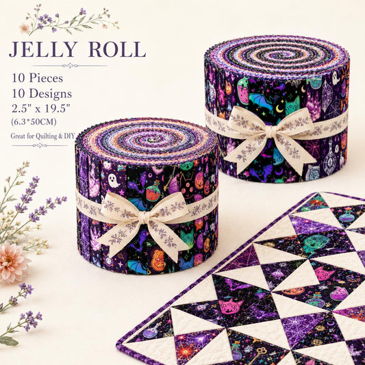 10pcs Vintage Ghost Skull Bat Halloween Theme Jelly Roll Fabric Strips 2.5X19.7inch Pre-Cut 100% Cotton For Patchwork Quilts, Table Runners, Placemats, Tote Bags, Storage Pouches, Makeup Bags, Coasters, Quilt Blocks & Binding