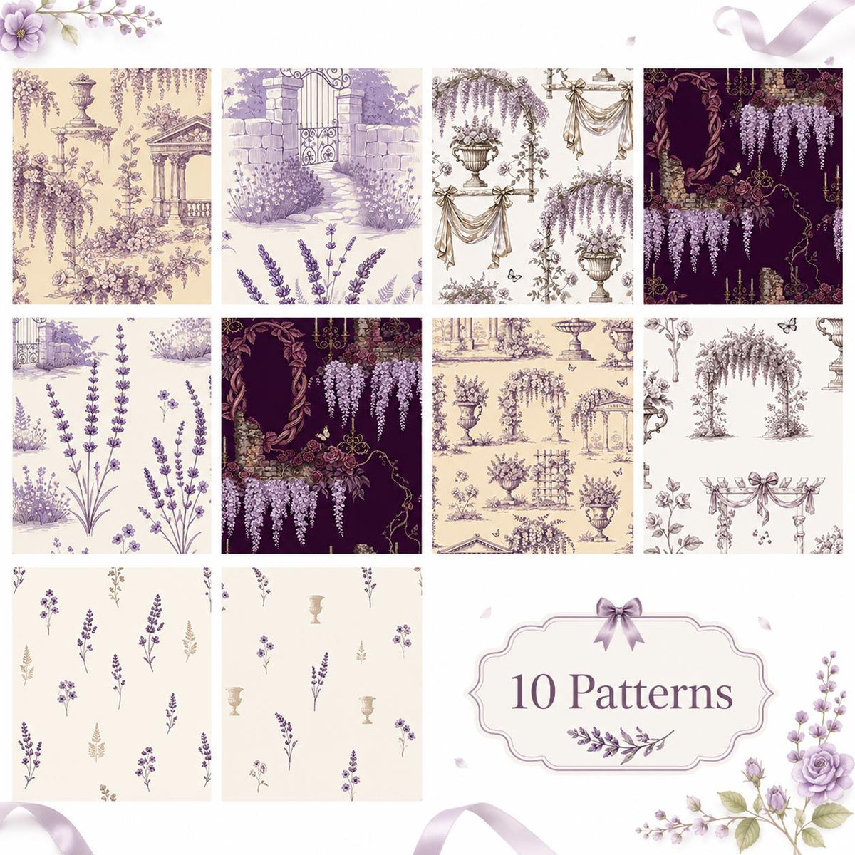 10pcs Vintage Lavender Floral Pattern Jelly Roll Fabric Strips 2.5X19.7inch Pre-Cut 100% Polyester For Patchwork Quilts, Table Runners, Placemats, Tote Bags, Storage Pouches, Makeup Bags, Coasters, Quilt Blocks & Binding