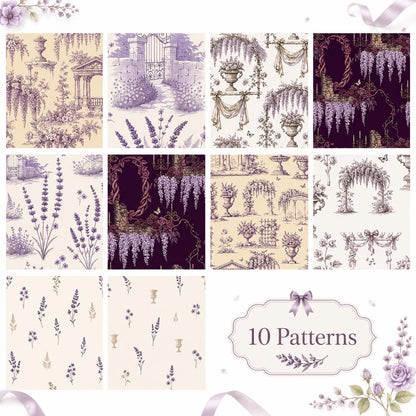10pcs Vintage Lavender Floral Pattern Jelly Roll Fabric Strips 2.5X19.7inch Pre-Cut 100% Polyester For Patchwork Quilts, Table Runners, Placemats, Tote Bags, Storage Pouches, Makeup Bags, Coasters, Quilt Blocks & Binding