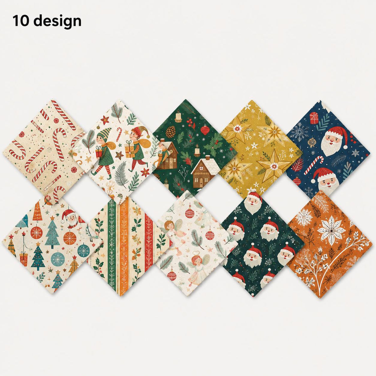 10Pc/Set Christmas Series Stripe Lollipop Star Pine Cones Holly Santa Claus Candy Fat Quarter Fabric, Pre-Cut Square Fabric Assort, Fabric Set, Craft Fabric, Handmade DIY Patchwork Fabric,Home Quilting Sewing Fabric, Packaging Fabric, Scrapbooking Craft H