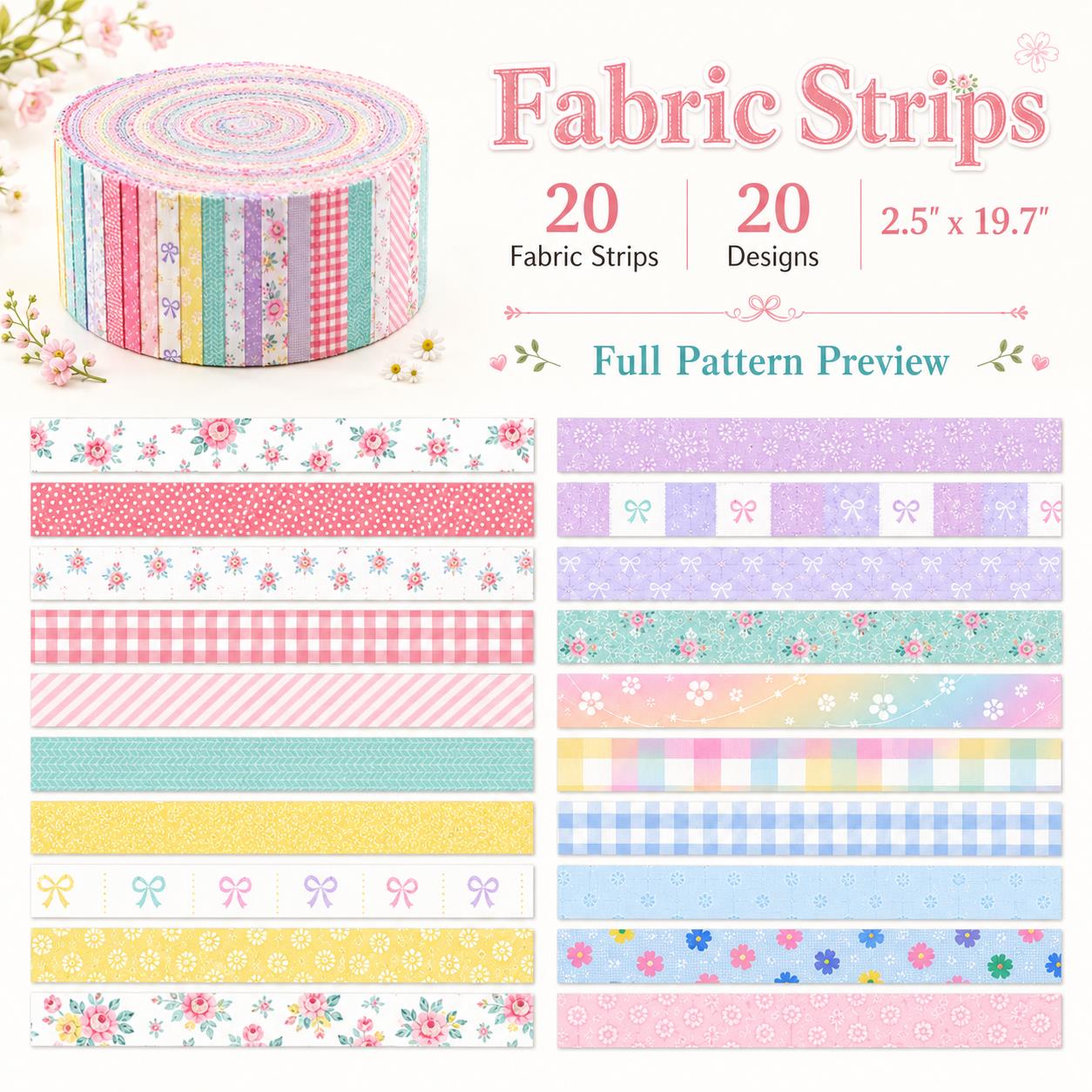 20pcs Vintage Floral Plaid Jelly Roll Sliced Fabric Strips 2.5X19.7inch Pre-cut Fresh and Delicate Printed Multi-Color 100% Polyester for DIY Handmade Patchwork, Table Runners, Placemats, Tote Bags, Storage Pouches, Makeup Bags, Coasters, Quilt Blocks