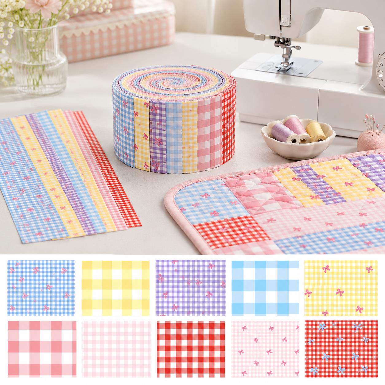 10pcs Vintage Plaid Grid Pattern Jelly Roll Fabric Strips 2.5X19.7inch Pre-cut 100% Polyester for Patchwork Quilts, Table Runners, Placemats, Tote Bags, Storage Pouches, Makeup Bags, Coasters, Quilt Blocks & Binding