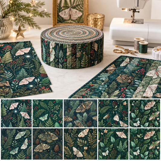 10pcs Vintage Green Holly Christmas Theme Jelly Roll Fabric Strips 2.5X19.7inch Pre-Cut 100% Polyester For Patchwork Quilts, Table Runners, Placemats, Tote Bags, Storage Pouches, Makeup Bags, Coasters, Quilt Blocks & Binding