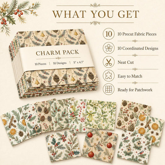 10pcs Charm Pack Set Holly Pine Cones Christmas Pattern Vintage Style Handmade DIY with Rich Color and Texture Elements 100% Polyester Patchwork in 10 Design Styles Suitable for Patchwork DIY Craft Projects DIY Wallet Making Gift Giving Bag Making Mother'