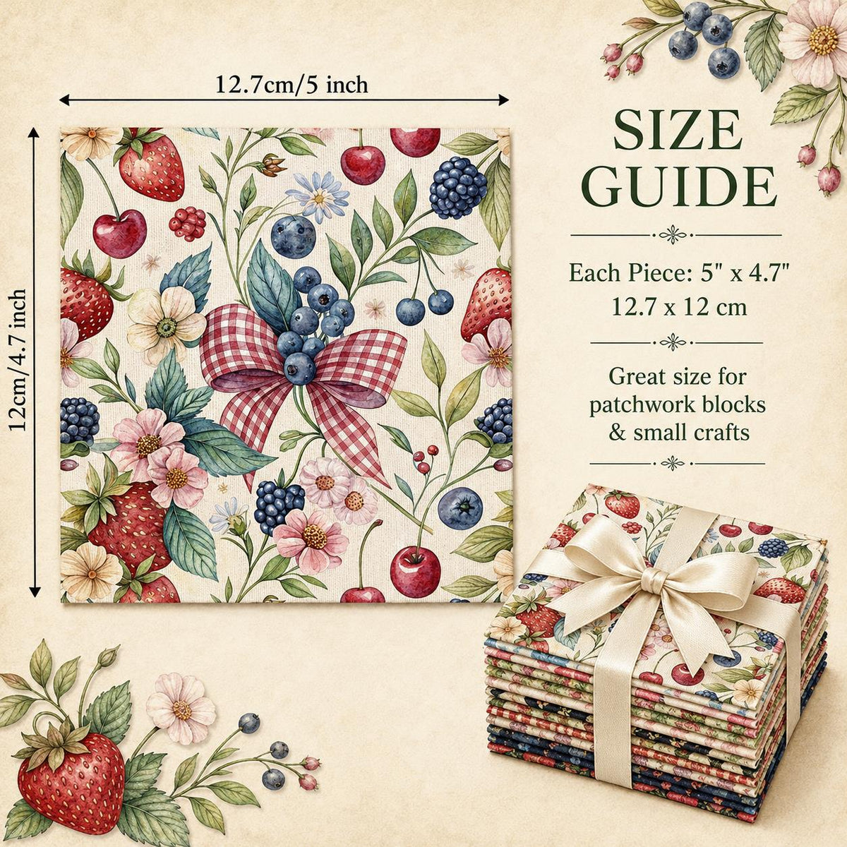 10Pc/Set Fruit Series Bows Butterfly Flower Plaid Strawberry Daisy Blueberry Fat Quarter Fabric, Pre-Cut Square Fabric Assort, Fabric Set, Craft Fabric, Handmade DIY Patchwork Fabric,Home Quilting Sewing Fabric, Packaging Fabric, Scrapbooking Craft Hobbyi