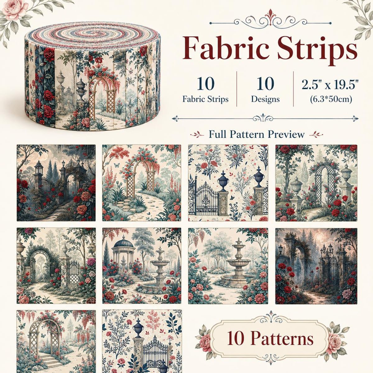 10pcs Vintage Floral Door Pavilion Pattern Jelly Roll Fabric Strips 2.5X19.7inch Pre-Cut 100% Polyester For Patchwork Quilts, Table Runners, Placemats, Tote Bags, Storage Pouches, Makeup Bags, Coasters, Quilt Blocks & Binding