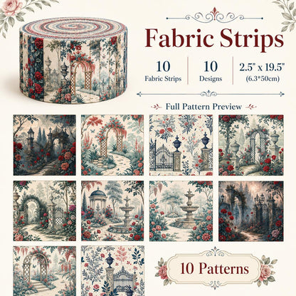 10pcs Vintage Floral Door Pavilion Pattern Jelly Roll Fabric Strips 2.5X19.7inch Pre-Cut 100% Polyester For Patchwork Quilts, Table Runners, Placemats, Tote Bags, Storage Pouches, Makeup Bags, Coasters, Quilt Blocks & Binding