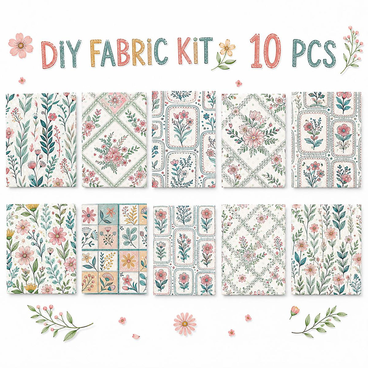 10Pc/Set Flower Plaid Series Fat Quarter Fabric, Pre-Cut Square Fabric Assort, Fabric Set, Craft Fabric, Handmade DIY Patchwork Fabric,Home Quilting Sewing Fabric, Packaging Fabric, Scrapbooking Craft Hobbyist