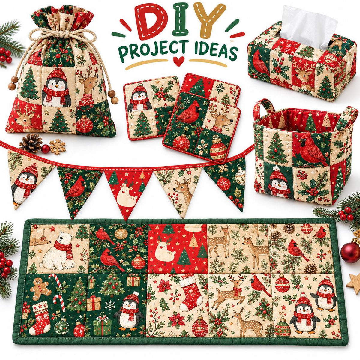 10Pc/Set Christmas Series Flower Bell Star Tree Penguin Bear Holly Crutch Pinecones Northern Cardinal Fat Quarter Fabric, Pre-Cut Square Fabric Assort, Fabric Set, Craft Fabric, Handmade DIY Patchwork Fabric,Home Quilting Sewing Fabric, Packaging Fabric,