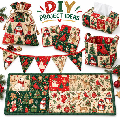 10Pc/Set Christmas Series Flower Bell Star Tree Penguin Bear Holly Crutch Pinecones Northern Cardinal Fat Quarter Fabric, Pre-Cut Square Fabric Assort, Fabric Set, Craft Fabric, Handmade DIY Patchwork Fabric,Home Quilting Sewing Fabric, Packaging Fabric,