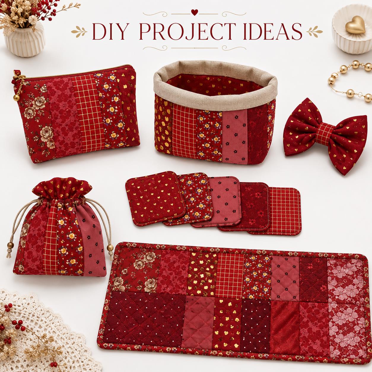 10Pc/Set, Making 10 Images 1pc Each, Each Size: 6.3*50cm Floral Red Series Sliced Fabric Set Style Combination, Polyester Jelly Roll Fabric Strips, Pre-Cut Quilting Squares, For Quilting DIY, Handicrafts And Sewing, Blankets, Rugs, Interior Decoration