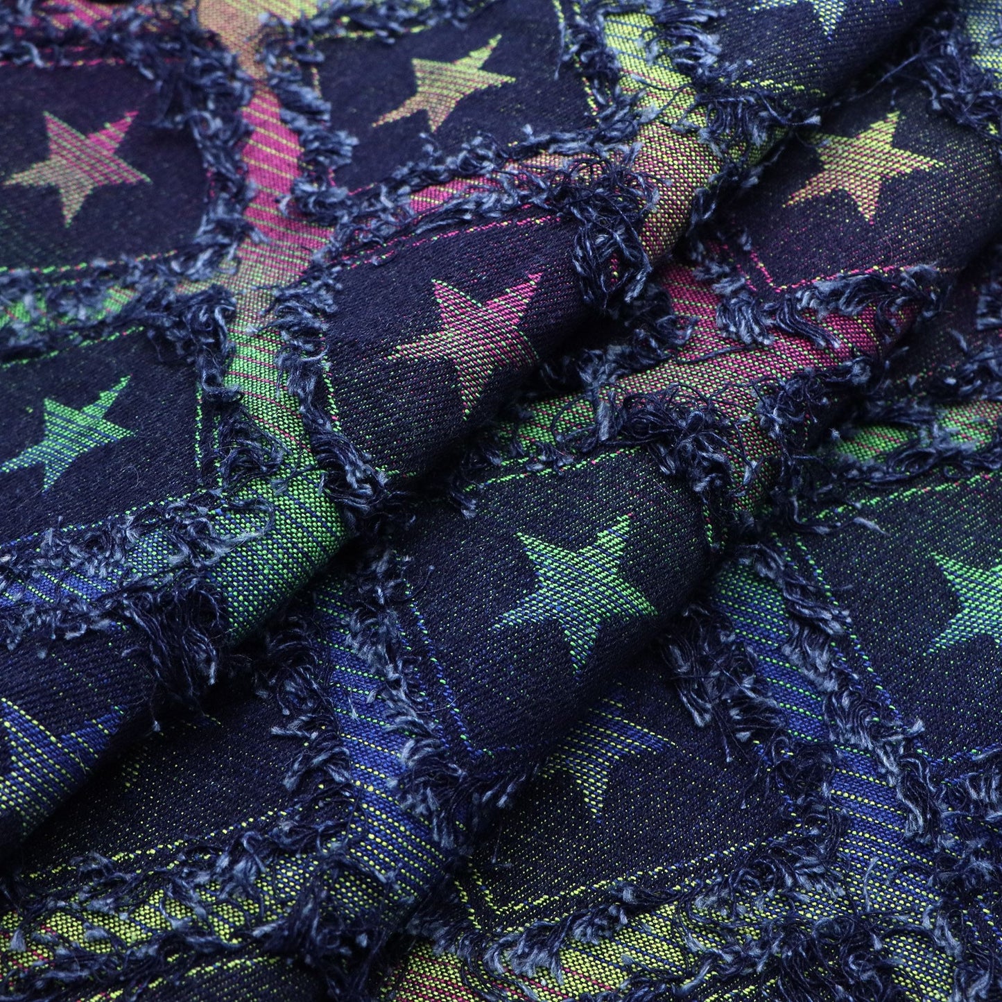 1Pc Plaid Grid Star Pattern Distressed Denim Fabric with Tassels,68.5x19.68inch Pre-cut 100% Polyester Fabric,Luxury Vintage Style,Hand Wash Only,Ideal for DIY Crafts, Bags & Sewing Projects,Hats,Sewing Supplies for Crafts