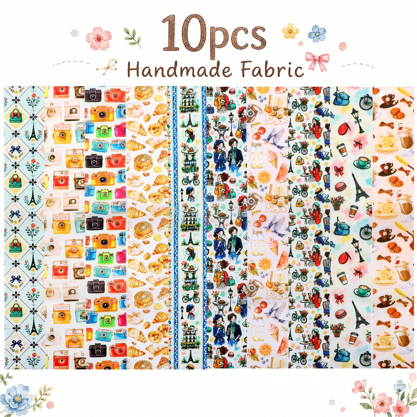 10pcs Camera Bread Jelly Roll Fabric Strips 2.5X19.7inch Pre-Cut 100% Polyester For Patchwork Quilts, Table Runners, Placemats, Tote Bags, Storage Pouches, Makeup Bags, Coasters, Quilt Blocks & Binding