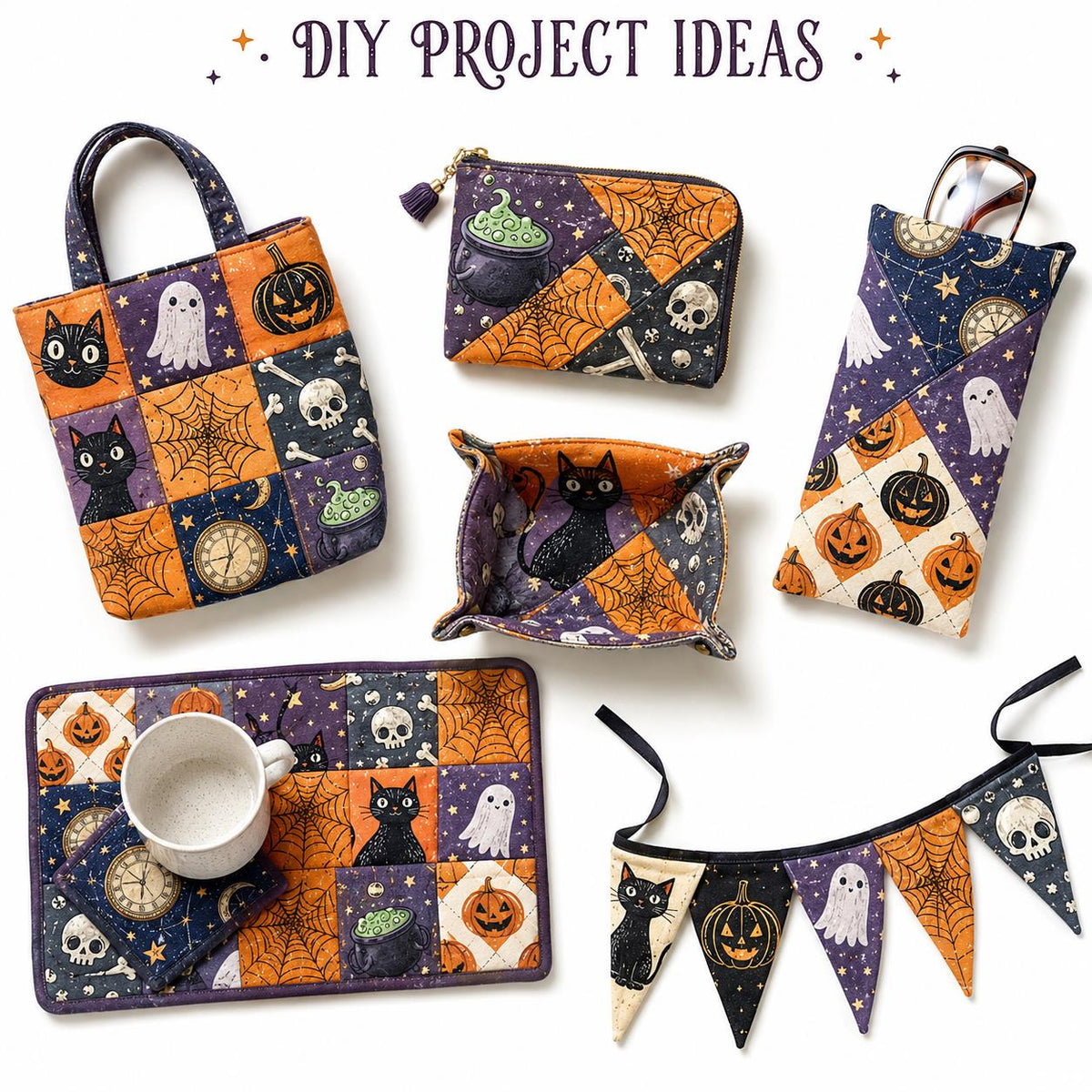 10pcs Charm Pack Set Bat Pumpkin Skull Cat Halloween Vintage Style Pattern Handmade DIY with Rich Color and Texture Elements 100% Polyester Patchwork in 10 Design Styles Suitable for Patchwork DIY Craft Projects DIY Wallet Making Gift Giving Bag Making