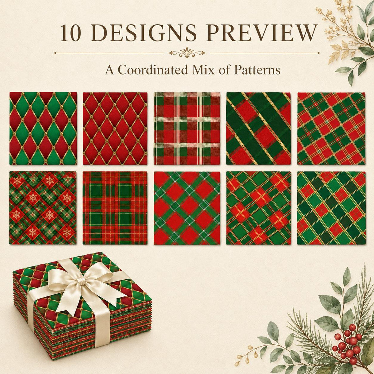 10Pc/Set Christmas Series Plaid Rhombus Fat Quarter Fabric, Pre-Cut Square Fabric Assort, Fabric Set, Craft Fabric, Handmade DIY Patchwork Fabric,Home Quilting Sewing Fabric, Packaging Fabric, Scrapbooking Craft Hobbyist