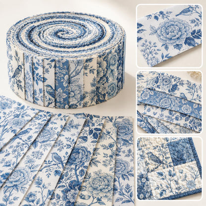 10pcs Vintage Blue Floral Pattern Jelly Roll Fabric Strips 2.5X19.7inch Pre-Cut 100% Polyester For Patchwork Quilts, Table Runners, Placemats, Tote Bags, Storage Pouches, Makeup Bags, Coasters, Quilt Blocks & Binding