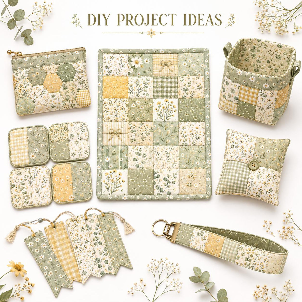 10pcs Charm Pack Set Green Floral Pattern 100% Polyester Patchwork in 10 Design Styles, Ready-to-Sew Without Cutting, Suitable For Patchwork Wallet Making Gift Giving Tote Bags Coasters DIY Craft Projects