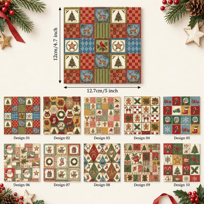 10Pc/Set Christmas Series Bowknot Flower Bell Star Plaid Deer Tree Mouse Holly House Pinecones Northern Cardinal Fat Quarter Fabric, Pre-Cut Square Fabric Assort, Fabric Set, Craft Fabric, Handmade DIY Patchwork Fabric,Home Quilting Sewing Fabric, Packagi