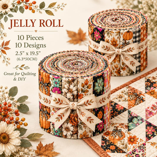 10pcs Vintage Floral Pumpkin Autumn Pattern Jelly Roll Fabric Strips 2.5X19.7inch Pre-Cut 100% Polyester For Patchwork Quilts, Table Runners, Placemats, Tote Bags, Storage Pouches, Makeup Bags, Coasters, Quilt Blocks & Binding