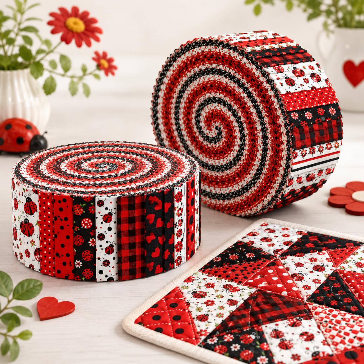 10Pc/Set, Making 10 Images 1pc Each, Each Size: 6.3*50cm Spring Heart Ladybug Red Series Sliced Fabric Set Style Combination, Polyester Jelly Roll Fabric Strips, Pre-Cut Quilting Squares, For Quilting DIY, Handicrafts And Sewing, Blankets, Rugs