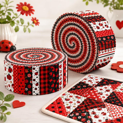 10Pc/Set, Making 10 Images 1pc Each, Each Size: 6.3*50cm Spring Heart Ladybug Red Series Sliced Fabric Set Style Combination, Polyester Jelly Roll Fabric Strips, Pre-Cut Quilting Squares, For Quilting DIY, Handicrafts And Sewing, Blankets, Rugs