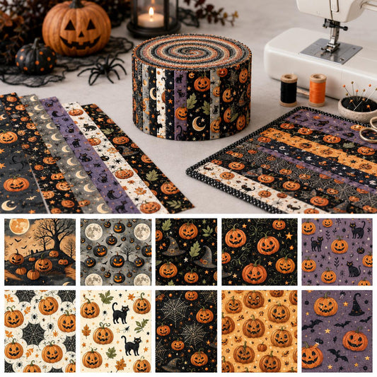 10pcs Vintage Halloween Bat Ghost Pattern Jelly Roll Fabric Strips 2.5X19.7inch Pre-Cut 100% Polyester For Patchwork Quilts, Table Runners, Placemats, Tote Bags, Storage Pouches, Makeup Bags, Coasters, Quilt Blocks & Binding