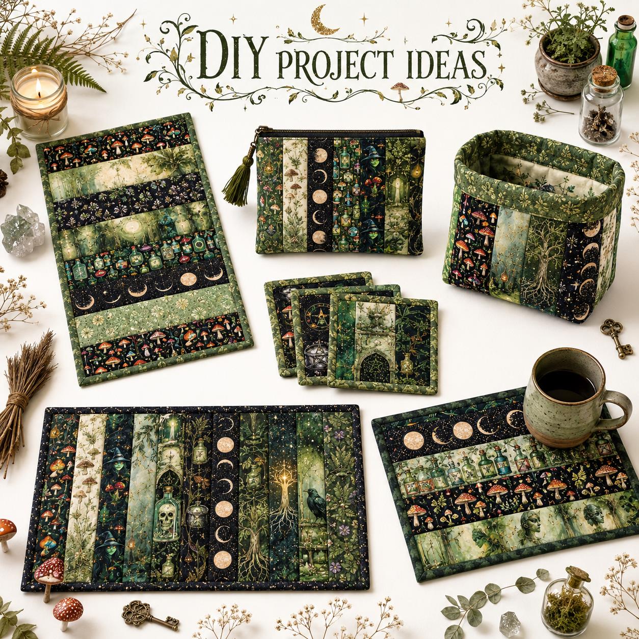 10pcs Vintage Wishing Bottle Skull Dark Pattern Jelly Roll Fabric Strips 2.5X19.7inch Pre-cut 100% Polyester for Patchwork Quilts, Table Runners, Placemats, Tote Bags, Storage Pouches, Makeup Bags, Coasters, Quilt Blocks & Binding Halloween Gift