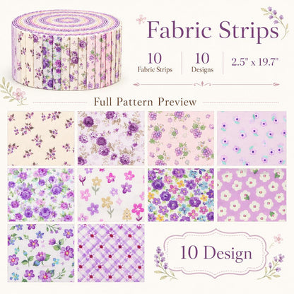 10pcs Vintage Floral Purple Pattern Jelly Roll Fabric Strips 2.5X19.7inch Pre-cut 100% Polyester for Patchwork Quilts, Table Runners, Placemats, Tote Bags, Storage Pouches, Makeup Bags, Coasters, Quilt Blocks & Binding Multi-color