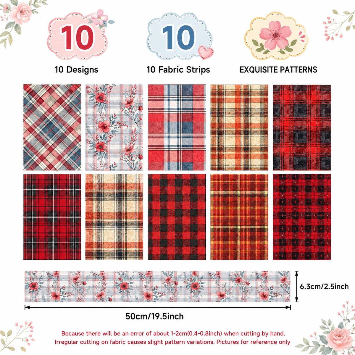 10pcs Vintage Plaid Red Floral Pattern Jelly Roll Fabric Strips 2.5X19.7inch Pre-Cut 100% Polyester For Patchwork Quilts, Table Runners, Placemats, Tote Bags, Storage Pouches, Makeup Bags, Coasters, Quilt Blocks & Binding