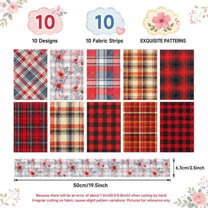 10pcs Vintage Plaid Red Floral Pattern Jelly Roll Fabric Strips 2.5X19.7inch Pre-Cut 100% Polyester For Patchwork Quilts, Table Runners, Placemats, Tote Bags, Storage Pouches, Makeup Bags, Coasters, Quilt Blocks & Binding