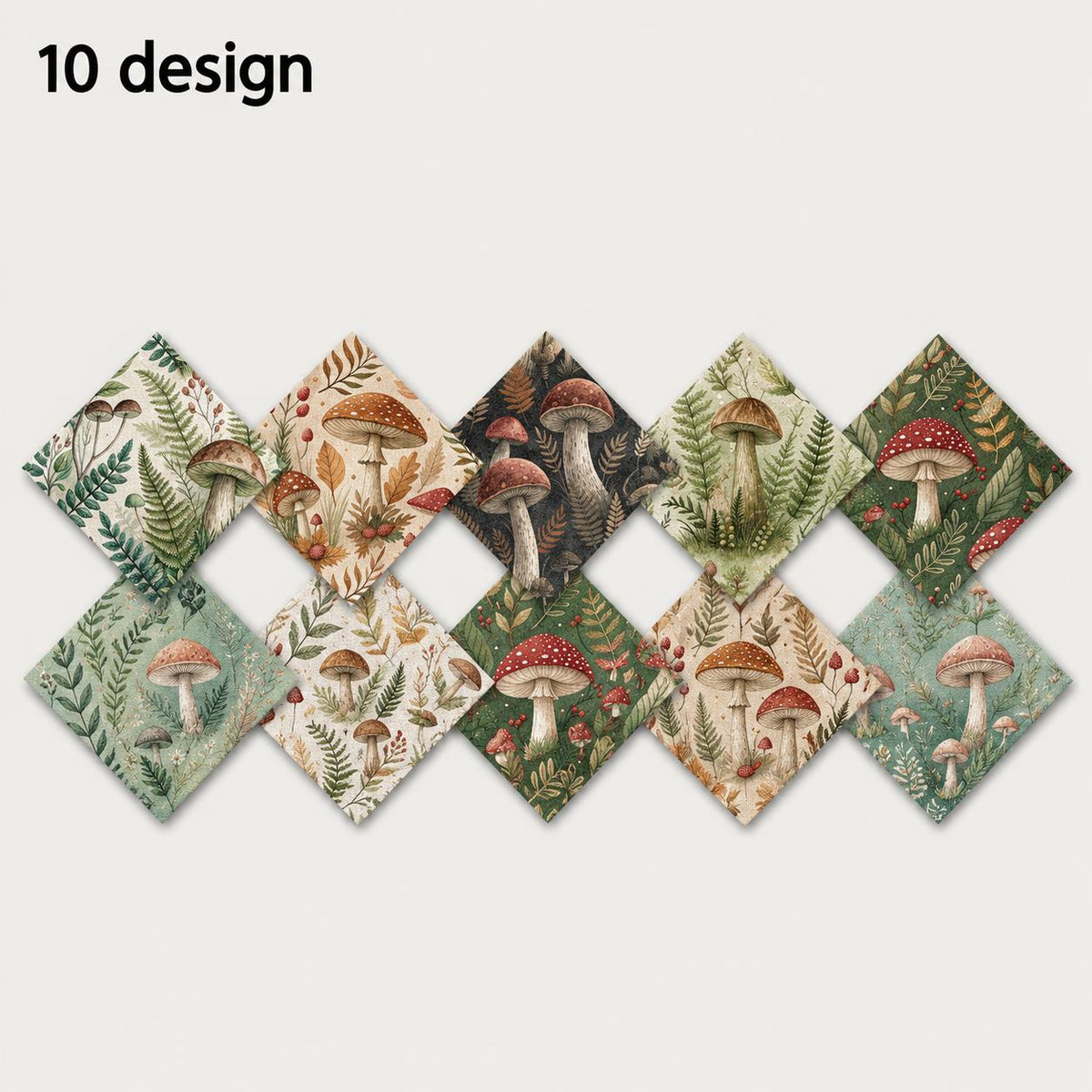 10pcs Charm Pack Set Mushroom Pattern Vintage Style Pattern Handmade DIY with Rich Color and Texture Elements 100% Polyester Patchwork in 10 Design Styles Suitable for Patchwork DIY Craft Projects DIY Wallet Making Gift Giving Bag Making