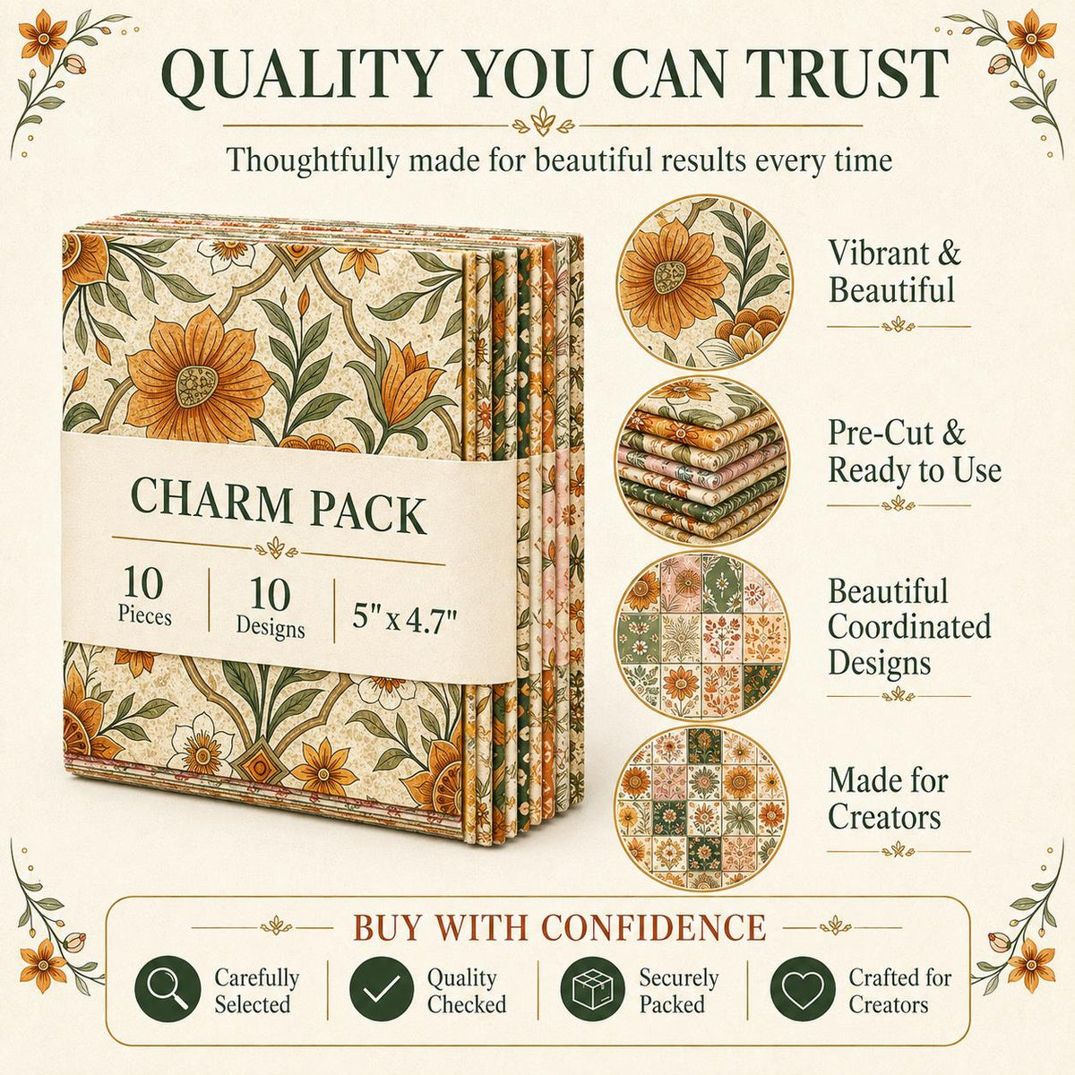 10pcs Charm Pack Set Floral Pattern 100% Polyester Patchwork in 10 Design Styles, Ready-to-Sew Without Cutting, Suitable For Patchwork Wallet Making Gift Giving Tote Bags Coasters DIY Craft Projects