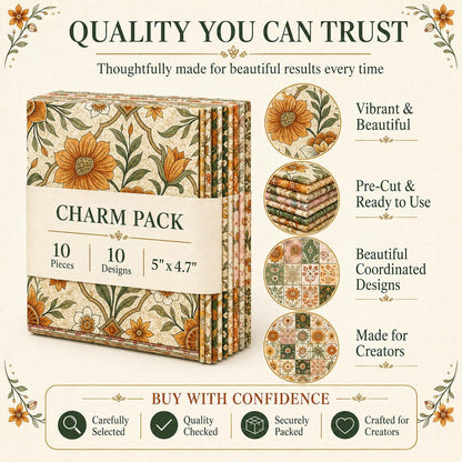 10pcs Charm Pack Set Floral Pattern 100% Polyester Patchwork in 10 Design Styles, Ready-to-Sew Without Cutting, Suitable For Patchwork Wallet Making Gift Giving Tote Bags Coasters DIY Craft Projects