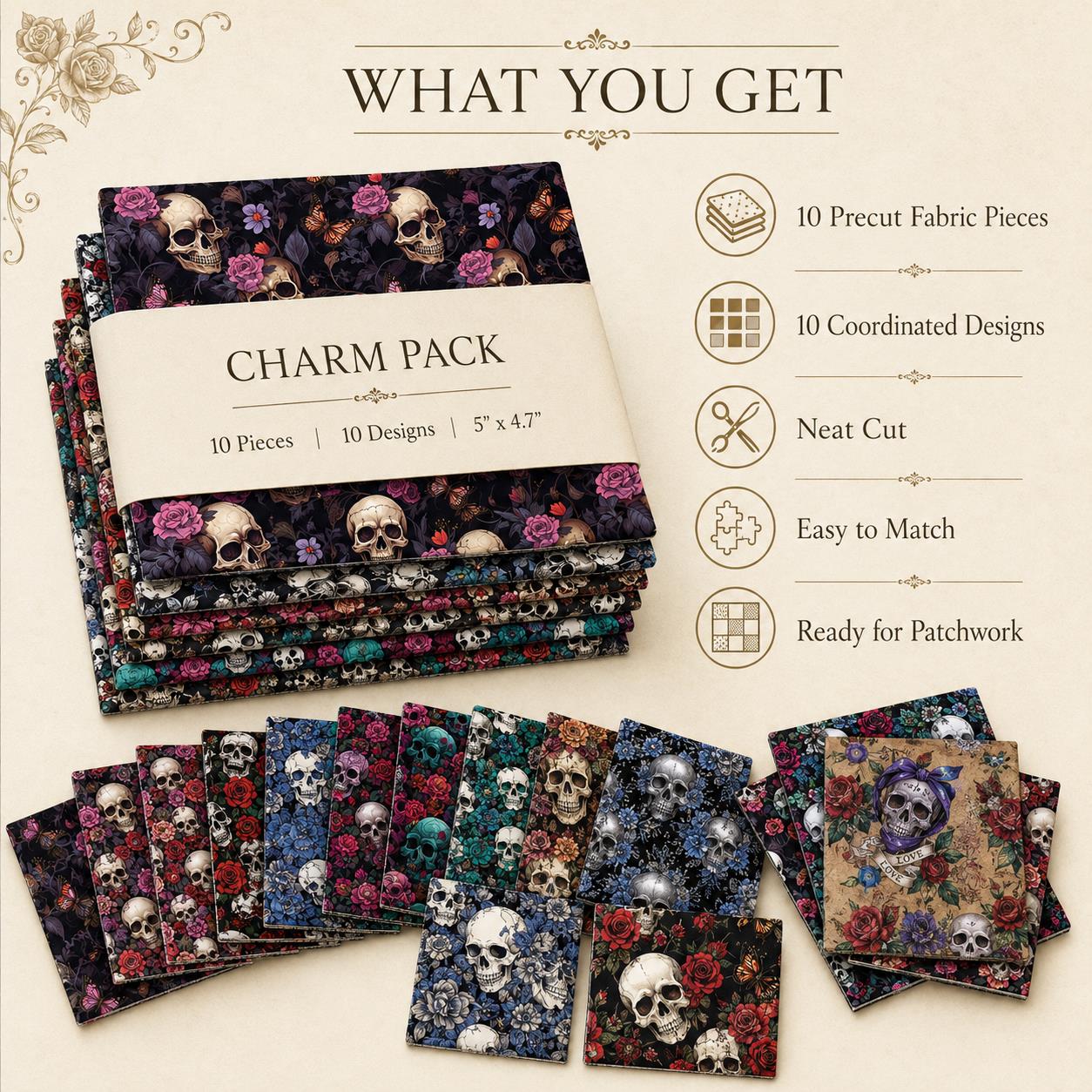 10pcs Charm Pack Set Skull Black Halloween Vintage Style Pattern Handmade DIY with Rich Color and Texture Elements 100% Polyester Patchwork in 10 Design Styles Suitable for Patchwork DIY Craft Projects DIY Wallet Making Gift Giving Bag Making Mother's Day