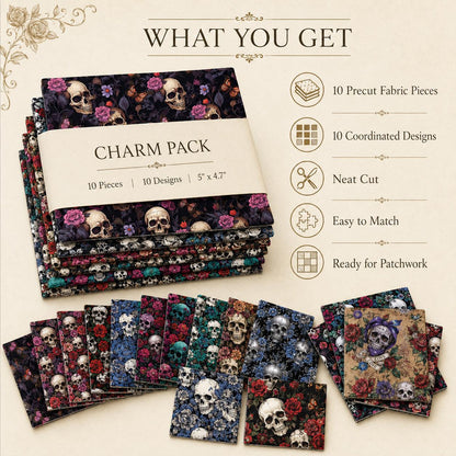 10pcs Charm Pack Set Skull Black Halloween Vintage Style Pattern Handmade DIY with Rich Color and Texture Elements 100% Polyester Patchwork in 10 Design Styles Suitable for Patchwork DIY Craft Projects DIY Wallet Making Gift Giving Bag Making Mother's Day