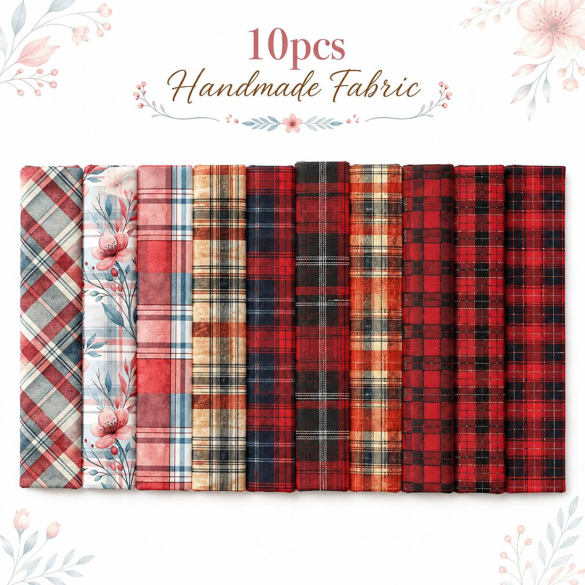 10pcs Vintage Plaid Red Floral Pattern Jelly Roll Fabric Strips 2.5X19.7inch Pre-Cut 100% Polyester For Patchwork Quilts, Table Runners, Placemats, Tote Bags, Storage Pouches, Makeup Bags, Coasters, Quilt Blocks & Binding