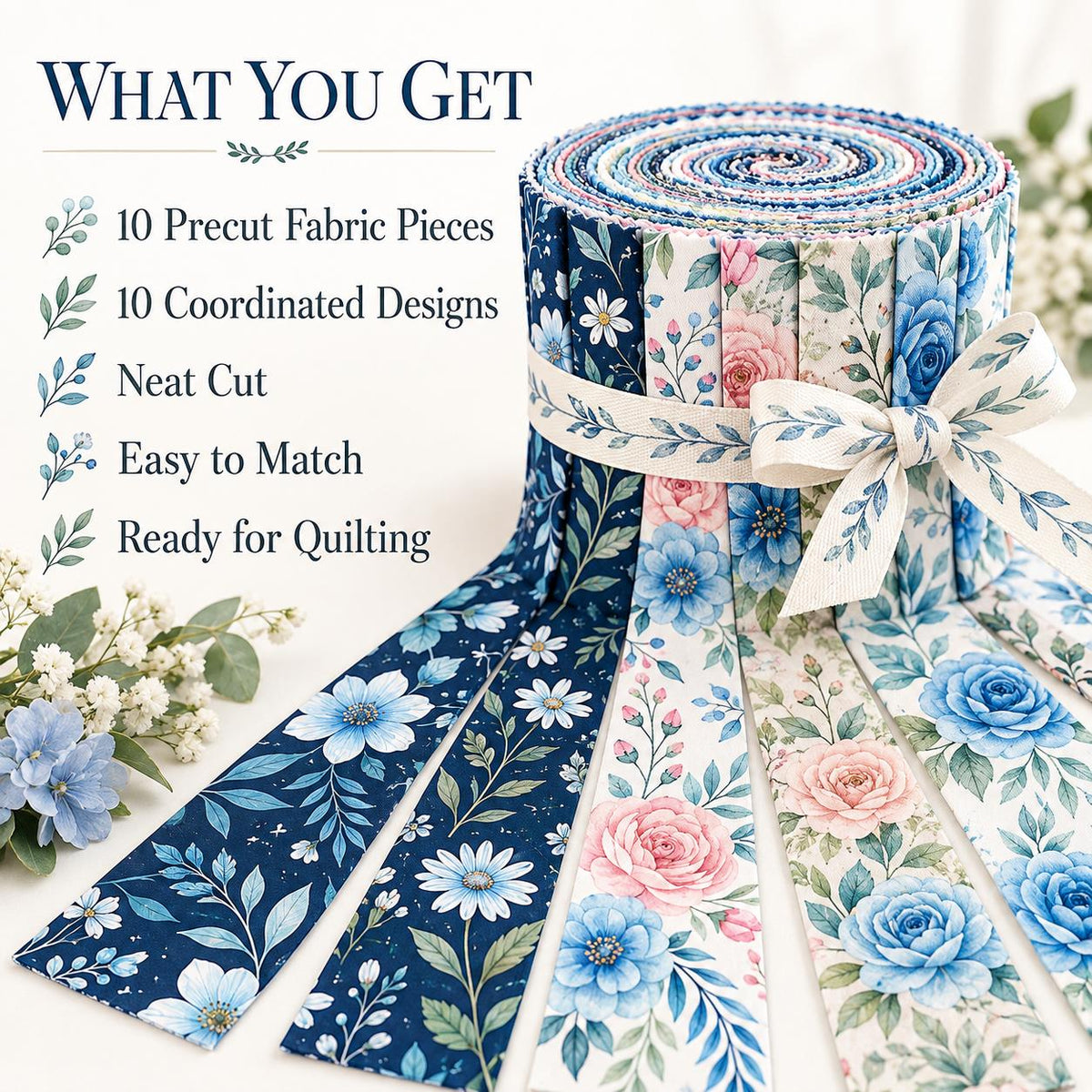 10pcs Vintage Blue Floral Pattern Jelly Roll Fabric Strips 2.5X19.7inch Pre-Cut 100% Polyester For Patchwork Quilts, Table Runners, Placemats, Tote Bags, Storage Pouches, Makeup Bags, Coasters, Quilt Blocks & Binding