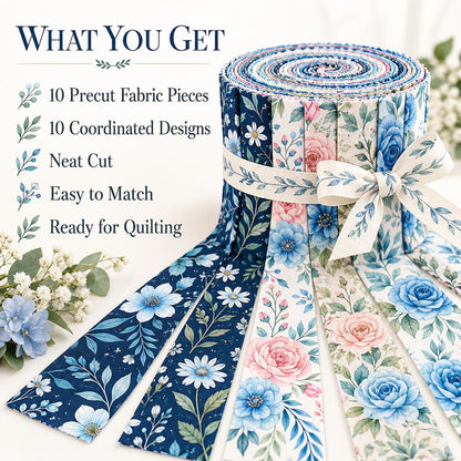 10pcs Vintage Blue Floral Pattern Jelly Roll Fabric Strips 2.5X19.7inch Pre-Cut 100% Polyester For Patchwork Quilts, Table Runners, Placemats, Tote Bags, Storage Pouches, Makeup Bags, Coasters, Quilt Blocks & Binding